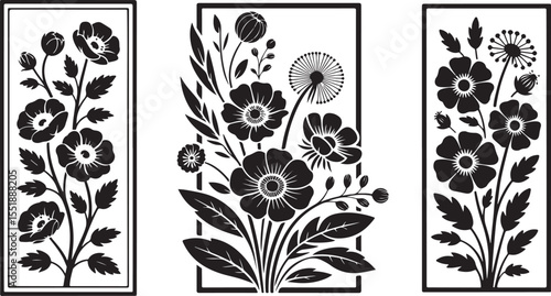 Three rectangular panels with distinct floral designs, suitable for cutouts.