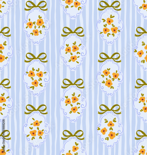 Preppy bouquet on damask background. Coquette flowers trellis seamless pattern stripes lines texture
