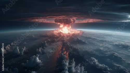 Dramatic Aerial View of Nuclear Explosion with Orange Mushroom Cloud Against Cloudy Sky Representing Threat of Global Conflict and Destructive Force