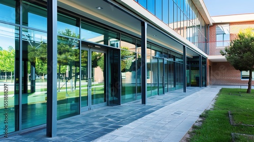 Modern Glass School Entrance with Transparent Facade and Reflective Surfaces, Sleek Educational Architecture Featuring Minimalist Design and Natural Lighting, Empty Space for Text