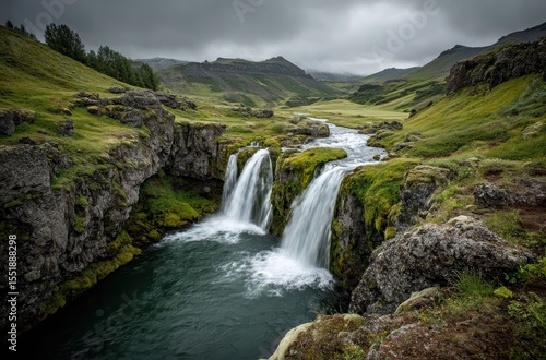 Majestic Icelandic Waterfalls Surrounded by Lush Greenery and Dramatic Cloudy Landscape in a Remote Valley Setting