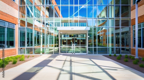 Modern Glass School Entrance with Transparent Facade and Reflective Surfaces, Sleek Educational Architecture Featuring Minimalist Design and Natural Lighting, Empty Space for Text