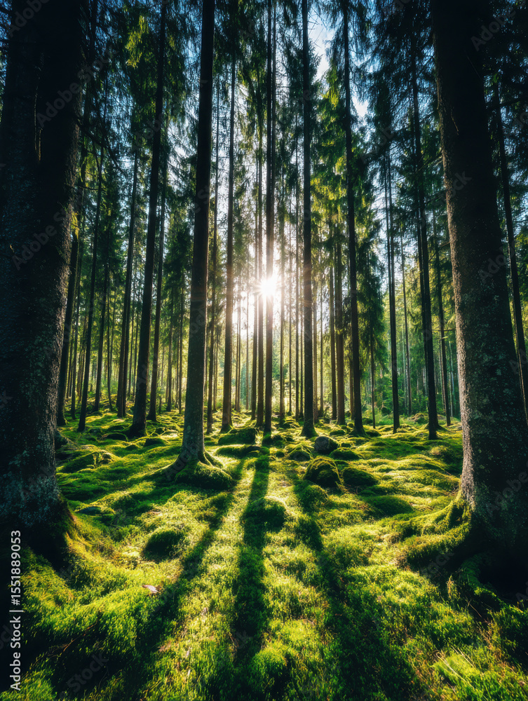 Obraz premium Sunlight filters through tall pine trees casting long shadows on lush green mossy forest floor in serene natural setting