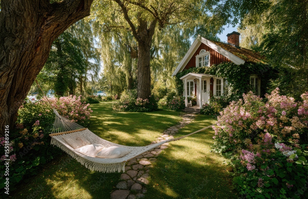 Obraz premium Hammock inviting to relax in a peaceful garden with idyllic red house