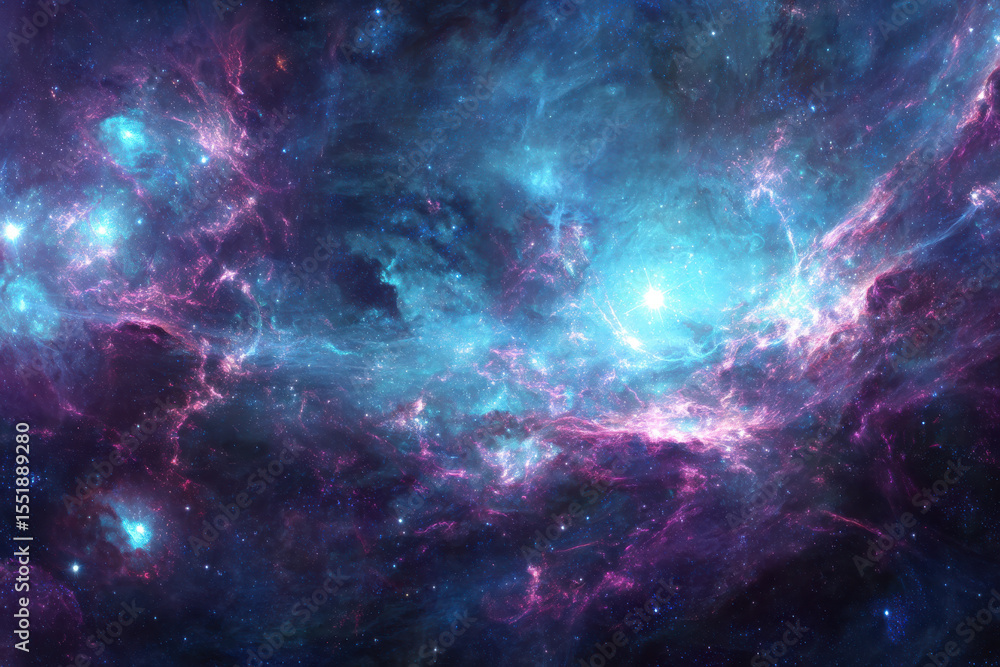 Fototapeta premium Colorful abstract nebula in deep space with bright stars and glowing cosmic clouds creating mysterious universe scene