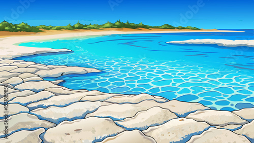 White sand lagoon beach with shallow, clear turquoise water vector perfect for tropical travel, serene coastal scenes, and summer vacation concepts