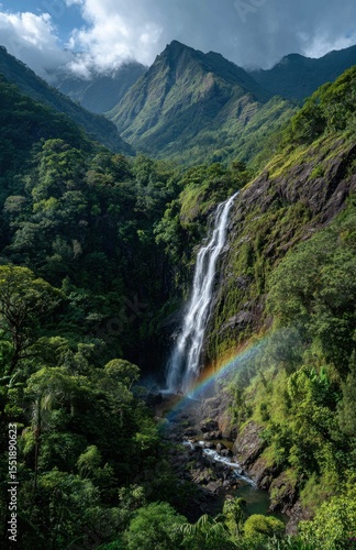Waterfall cascading down lush green mountainside with rainbow in reunion island