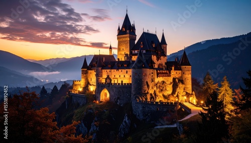 Medieval castle at dawn, nestled in mountains