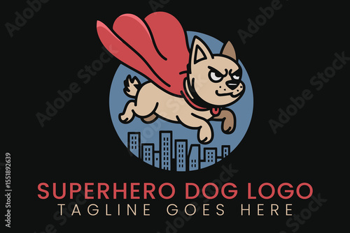 Superhero dog logo flying over city cartoon mascot vector illustration