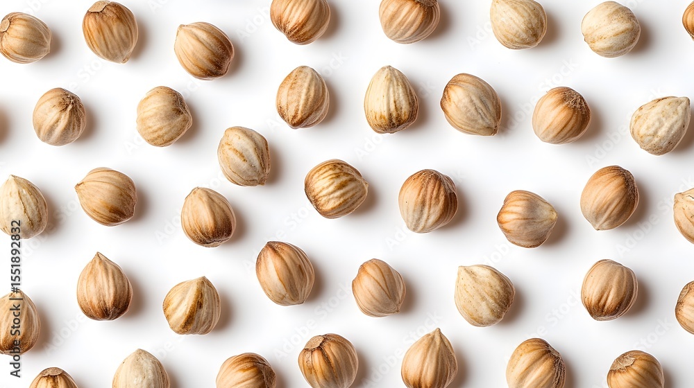 Hazelnut Pattern Close-Up Shot of Many Hazelnuts Arranged on White Background Hazelnut Pattern Close-Up Shot of Many Hazelnuts Arranged on White Background
