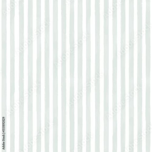 Seamless vertical watercolor stripe pattern in muted green on white background