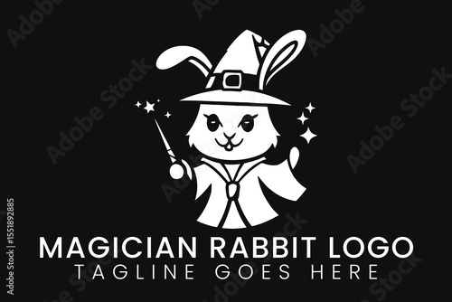 Magician rabbit logo design wizardry trick magic show vector illustration