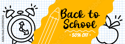 Back to School 50% Off banner with school supplies, back to school promotional banner, digital advertising for schools and colleges