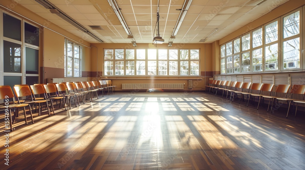 Fototapeta premium Sunlit Empty Classroom with Wooden Floor and Sunbeams Streaming Through Windows, Minimalist Educational Space Featuring Warm Natural Lighting and Dust Particles, Copy Space