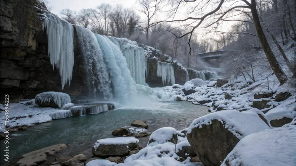 A beautiful natural waterfall cascades through a serene winter mountain landscape, with a flowing stream winding through the snow-covered forest rocks 4k nature cenematic video A beautiful natural waterfall cascades through a serene winter mountain landscape, with a flowing stream winding through the snow-covered forest rocks 4k nature cenematic video