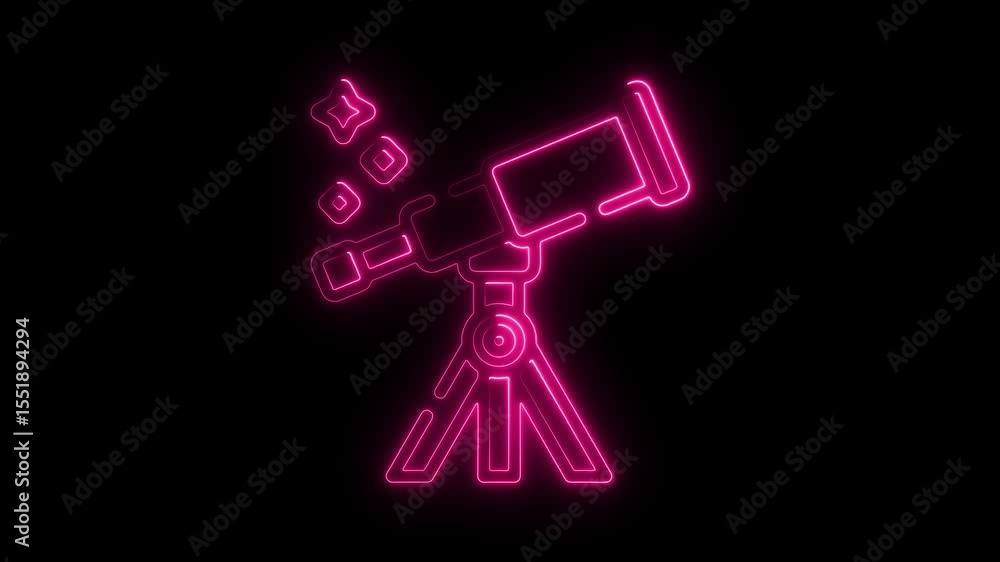 Neon pink telescope illustration exploring the cosmos on black background Neon pink telescope illustration exploring the cosmos on black background
