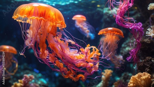 Wallpaper Mural Vibrant Orange Jellyfish Gracefully Swim Through a Coral Reef Ecosystem Torontodigital.ca