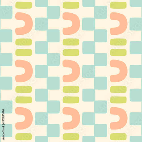 Hand drawn abstract geometric check seamless pattern. Organic shapes mosaic background. Geo stripe pastel border print.