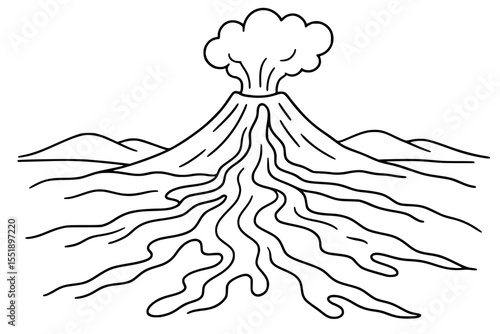 Vector Illustration of Volcano Eruption with Flowing Lava