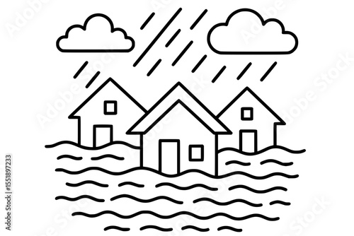 Vector Illustration of Flooded Houses in Heavy Rain
