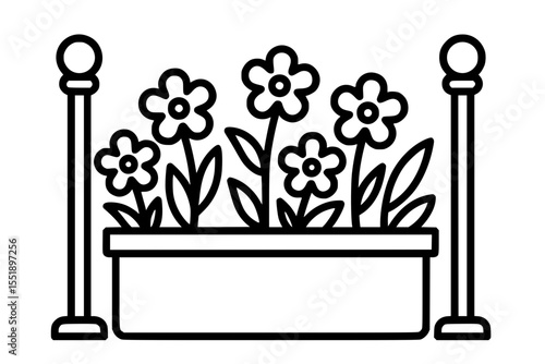 Vector Line Drawing of Decorative Planter Box with Flowers