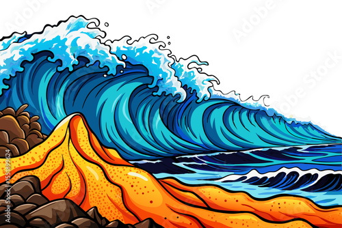 Waves crashing on a volcanic black sand beach vector, ideal for dramatic coastal nature scenes, exotic travel destinations, and ocean power concepts