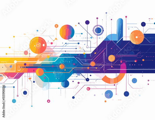 Abstract Digital Network on White Backdrop with Geometric Shapes and Vibrant Lines for Technological Innovation