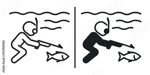 Underwater Spearfishing: A simple monochrome illustration of a diver underwater aiming a speargun at a fish. Depicting the sport of underwater hunting.