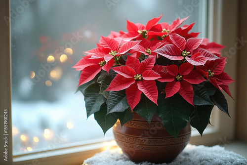 Pot of red poinsettias on a rustic wooden table.