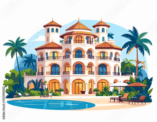 Coastal Villa Architecture with Palm Trees and Blue Water Pixelated Tropical Estate with Sandy Beach in a Sunny Summer Resort Destination