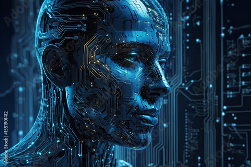 Artificial intelligence forming a digital human face merging with electronic circuits