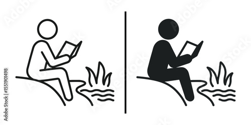 Reading by The Water: A simplistic illustration presents a serene scene of a stick figure, engrossed in a book, perched near tranquil water, and a plant.
