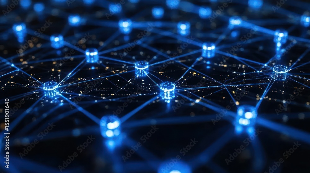Obraz premium Abstract network of glowing nodes connected by lines, overlayed on a dark city map