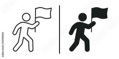 Man with Flag: Simple illustration of a figure holding a flag, one in black and white, conveying themes of surrender and goal