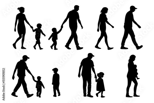 Family Silhouette Set: A collection of simple yet evocative silhouettes depicting parents and children walking together, symbolizing unity, family bonds, and shared journeys. 