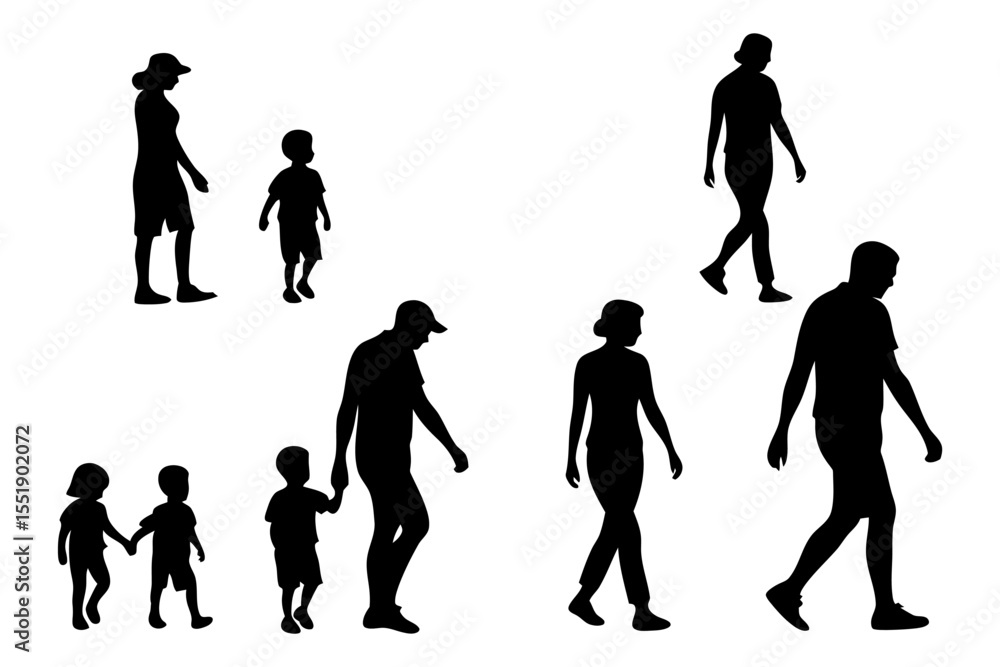 Fototapeta premium Human Silhouette in Motion: A collection of simple black silhouettes depicting a variety of people, capturing the essence of movement and everyday life. Each form tells a story of individual journey.