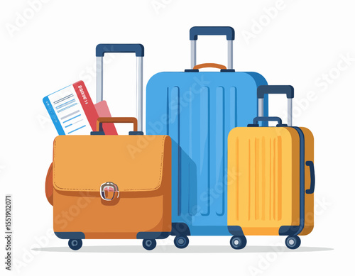 Colorful Luggage Set with Blue Yellow and Orange Suitcases for Travel and Vacation on White Background