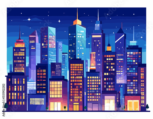 Colorful Pixel Art Cityscape at Night with Geometric Buildings Under Starry Sky Illustration of a Vibrant Urban Skyline with Modern Architecture