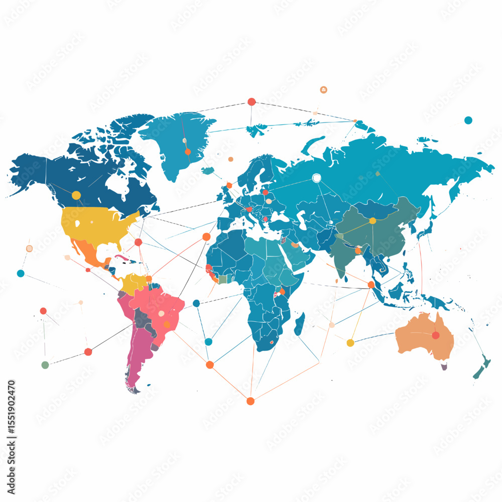 Fototapeta premium Colorful Polygonal World Map with Global Network Connections and White Background for Modern Infographics and Data Visualization