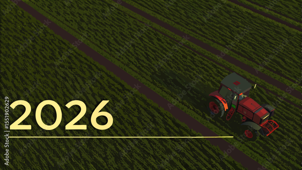 Obraz premium A cheerful illustration of a person working in a field with a tractor in the foreground vector art design