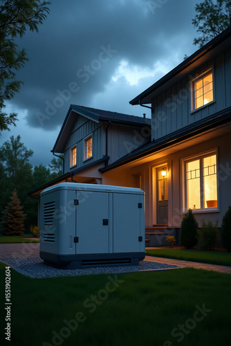 Emergency generator set up outside the house, storm clouds approaching