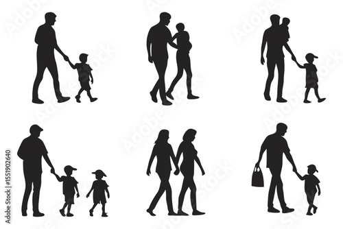 Family Silhouettes Collection: Vector silhouettes of family holding hands, walking, embracing. Depicting love, togetherness, and intergenerational connection.