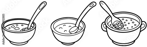 Set of Kitchen Bowls with Spoons and Ladle - Minimalist Food Serving Vector Icon Collection
