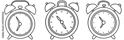 Alarm Clock Vector Set: Twin Bell, Wake Up, Time, Deadline, Outline Icon