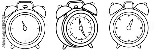Alarm Clock Vector Set: Twin Bell, Wake Up, Time, Deadline, Outline Icon