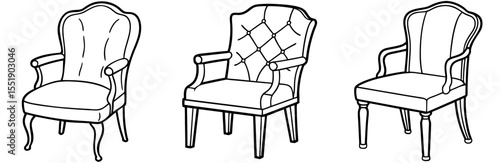 Vintage Furniture Chair Vector Set: Armchair, Dining, Classic, Interior Design, Outline Icon