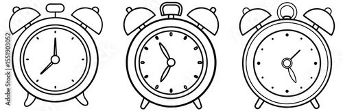 Alarm Clock Vector Set: Twin Bell, Wake Up, Time, Deadline, Outline Icon