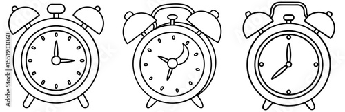 Alarm Clock Vector Set: Twin Bell, Wake Up, Time, Deadline, Outline Icon