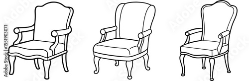 Vintage Furniture Chair Vector Set: Armchair, Dining, Classic, Interior Design, Outline Icon