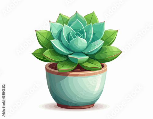 Detailed Pixel Art of Green Succulent Plant in Light Blue Pot Isolated on White Background